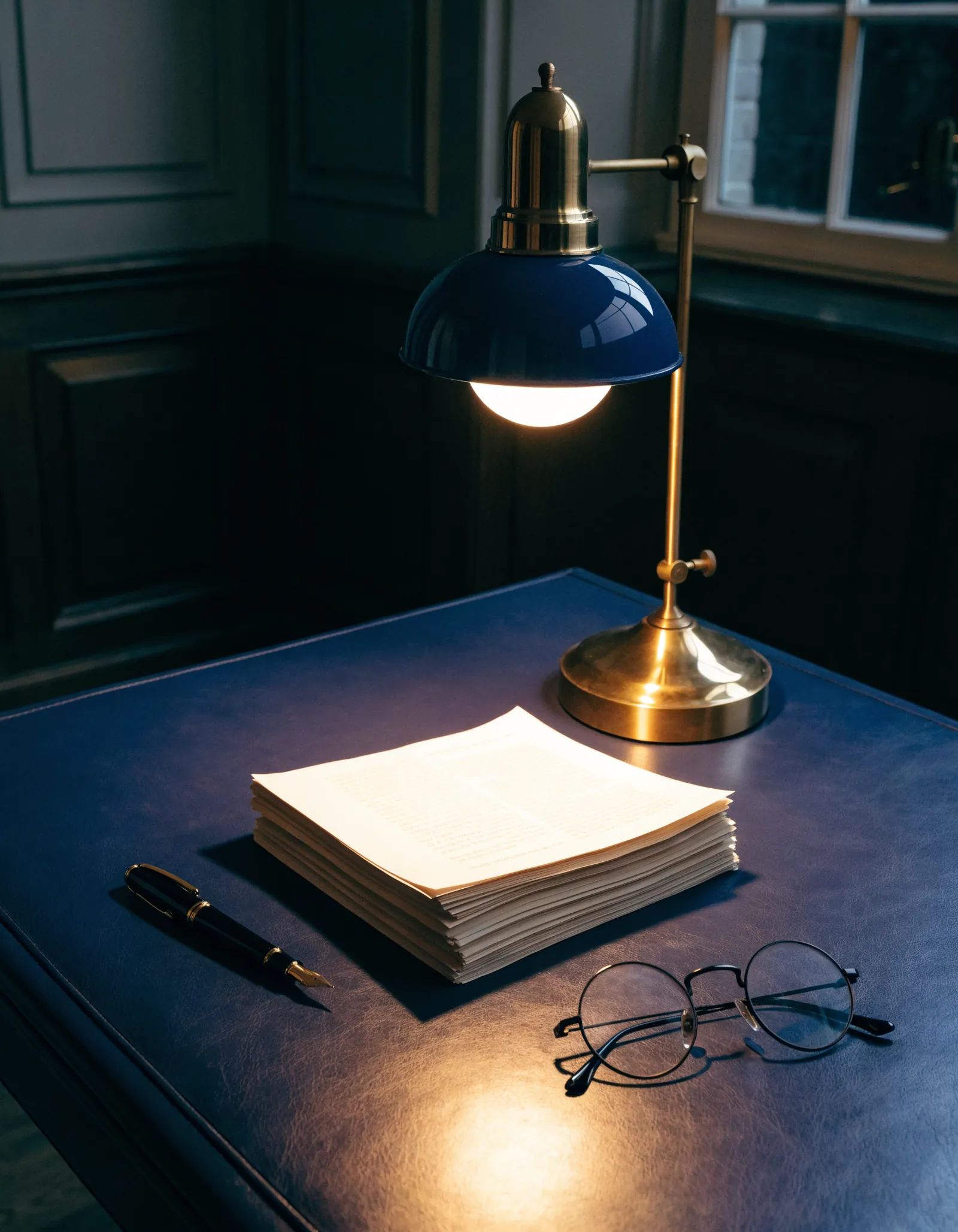 A brass lamp over a squared stack of documents on a navy desk