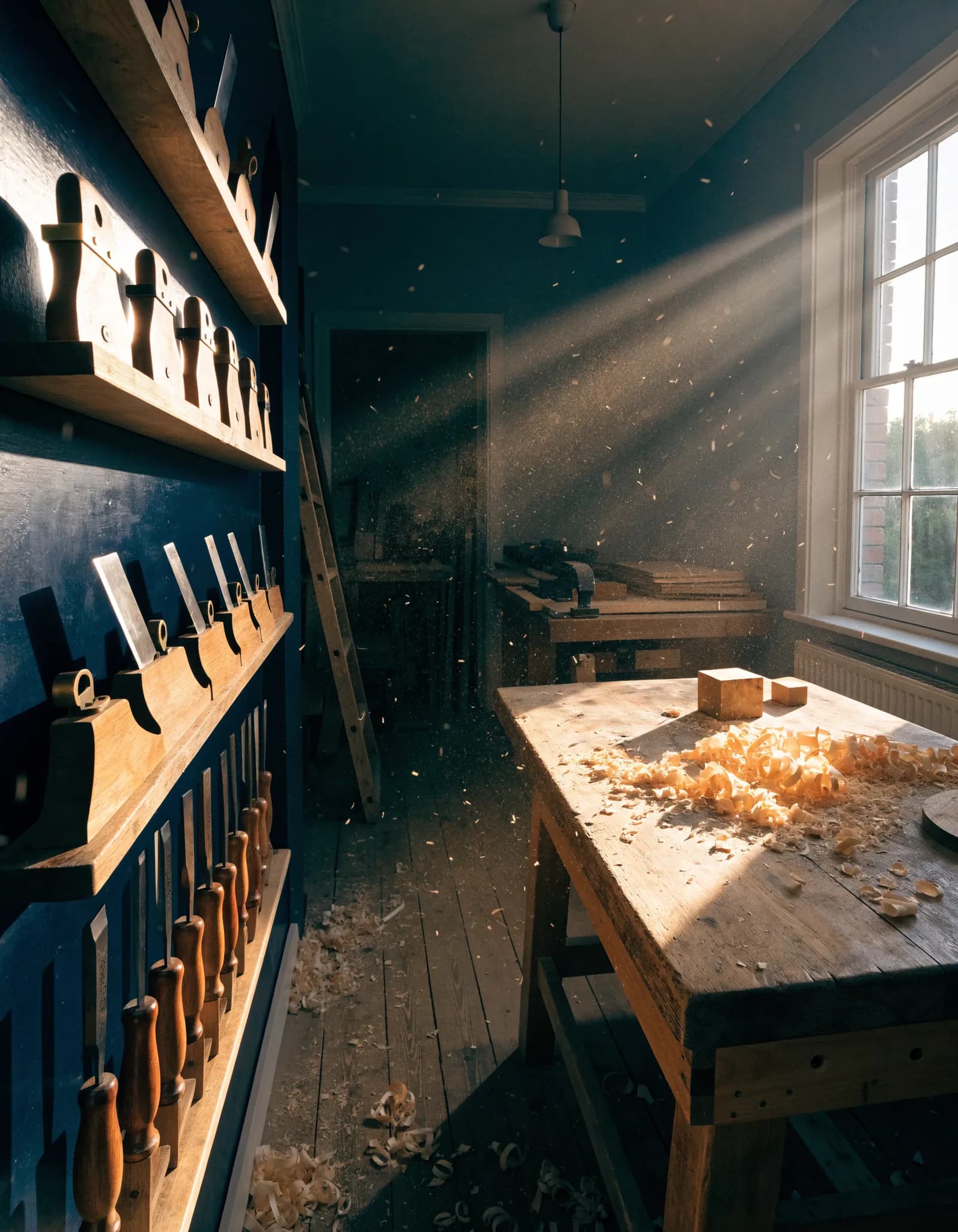 A joinery workshop with tools racked in order and light through sawdust